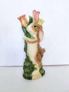 Vintage Large Bunny Rabbit With Tulips Ceramic Pottery Vase 14.5