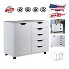 Craft Room Essential: Wheeled 5-Drawer White Wood Storage Cart with Side Cabinet