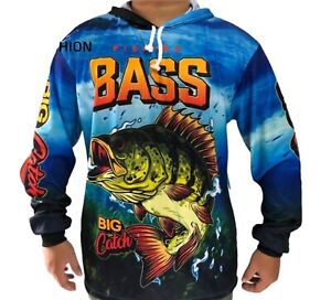 New Bass Big Catch Long Sleeve Fishing Drawstring Hoodie Shirt-XL