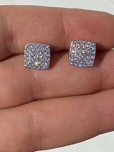 Real Solid 925 Silver Iced Simulated Diamond Earrings Screw Back Square Men's