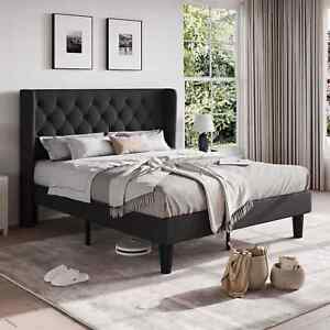 Full Queen King Bed Frame with Diamond Button Tufted Wingback Headboard Black