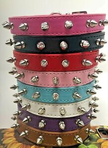 Dog Collar Spikes Studded Rivets Adjustable Faux Leather XS S M L  8 Colors