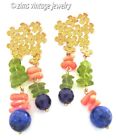 Vintage Peridot coral Lapis amethyst Gold plated FLORAL dangle EARRINGS signed