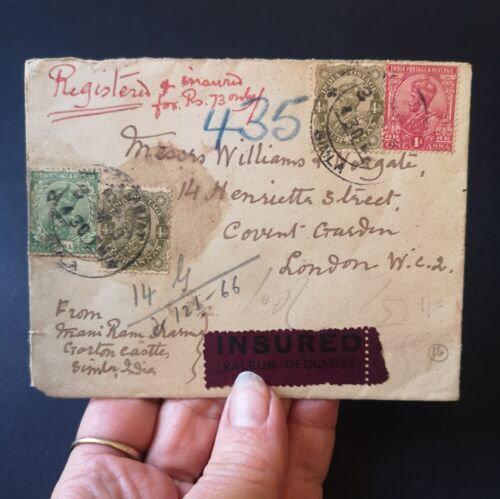 1919 India Cover to GB KGV 9.5a Gorton Castle Simla Registered, 2 Insured Labels