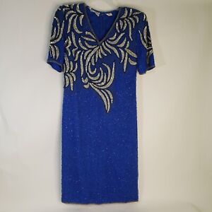 Vintage Night Vogue Dress Blue Silk Beads Sequin Cocktail Evening Party Small