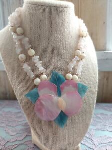 Vintage Pink Quartz Teal Floral Mother of Pearl Chunky Statement Necklace Beaded