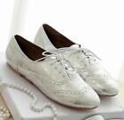 Women leather oxford flats strappy shoes Brogue casual Gold silver