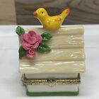 Vintage Ceramic Birdhouse Trinket Box With Yellow Bird Pink Flower Hinged Box