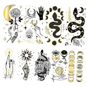 9 Sheets Metallic Gold Silver Black Temporary Tattoo, Hands Face Pattern B