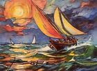 New ListingORIGINAL Hand Painted Pen and Watercolor Art Card ACEO Sailing Rough Seas
