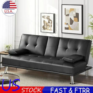 Modern Faux Leather Futon with Cupholders and Pillows Couch Sofa Bed Futon Black