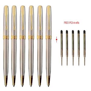 6 Pcs Parker Sonnet Ballpoint Pen（Steel Gold）+Free 6 Pcs Black Ink Refills