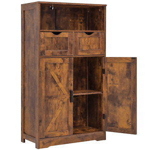 Floor Storage Cabinet with 2 Adjustable Drawers & 2 Barn Doors,Standing Cupboard
