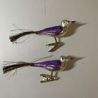 Vintage Silver Purple Glitter Bird Gold Tinsel Tail glass Clip Ornament Set Of 2