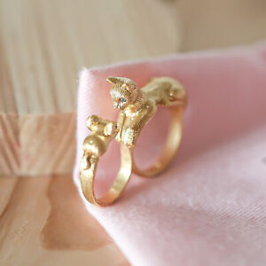 Kate Spade House Cat Mouse gold tone two finger style ring Size 7
