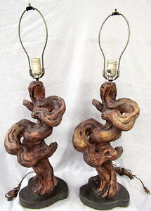 pair of  MID CENTURY MODERN PLASTER TREE TRUNK GNARLED wood-like table LAMPS