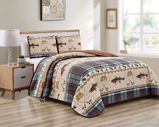 River Fly Fishing Rustic Cabin Lodge Quilt Bedspread Bedding Set with Fishing...