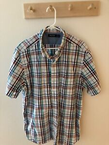 Nautica Button Shirt Mens Large Short Sleeve Multicolor Plaid Cotton Pocket