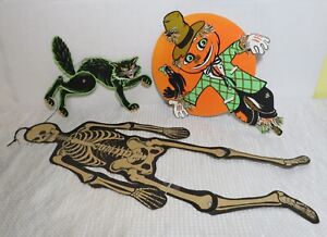 VTG Beistle Die Cut Halloween Decorations Lot of 3 Black Cat Skeleton Scarecrow