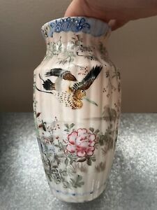 New ListingAntique Vintage 20th C Chinese Porcelain Vase Fluted Enameled Floral Crane