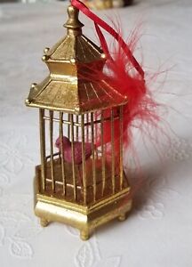 VTG VERY RARE Gilded Pagoda Metal BIRDCAGE Christmas Ornament  Feathered Bird