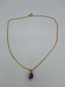 Signed Vintage Joan Rivers Necklace Blue Glass Stone In Gold Tone Metal & Chain