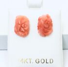Beautiful 14K Gold Natural Pink Coral Hand Carved Rose Flower Stud Earrings NEW