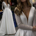 Sparkle Satin Wedding Dresses V-Neck Long Sleeve Backless Bridal Gowns Custom