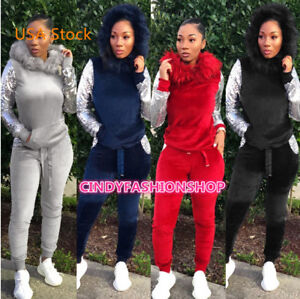 US Women Velvet 2PC Set Faux Fur Sequins Long Sleeve  Hooded Top+Pants Tracksuit