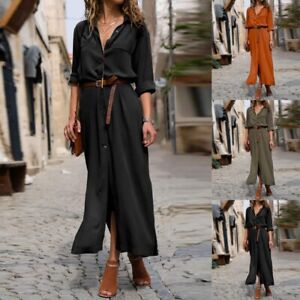 Womens Long Sleeve Buttons Shirts Dress Ladies Casual Belted Long Midi Dresses