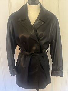 Coach Women’s Leather Long Sleeved Belted Buttoned Trench Coat Black Size XS