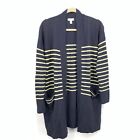 Garnet Hill Women Size Small Sweater Cardigan Long Blue Striped Merino Wool Knit