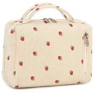 Makeup Bag Zipper Pouch Travel Toiletry Bag Portable Beige Strawberry Corduroy