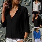 Womens Long Sleeve Plain Shirt Button Up Ladies Work Casual Loose Blouse Tops