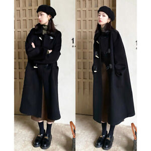 Women Black Toggle Button Overcoat Wool Blend Loose Fit Long Trench Coat Woolen