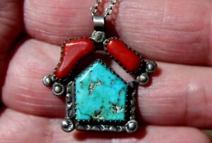 Small Old Pawn Navajo Handmade Sterling Silver & Turquoise & Coral Necklace