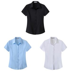 Women Button Down Shirt Short Sleeve Office Blouse Solid Color Shirt Summer