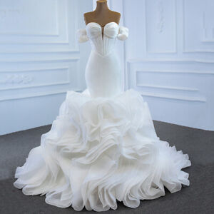 Elegant Mermaid Wedding Dresses Off Shoulder V-Neck Puffy Train Bridal Gowns