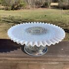 Fenton French White Opalescent Diamond Lace Footed Cake Platter 9”Wx4”H
