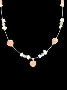 Pink Rose Quartz Heart Bead Silver Tone Necklace 16