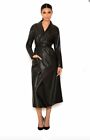 Women Black Trench Coat Genuine Lambskin Real Leather Long Overcoat Soft Jacket