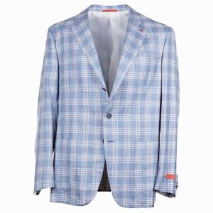 Isaia Sky Blue Check Wool-Silk-Linen Sport Coat Slim 46R (fits 44R) Eu 56 NWT