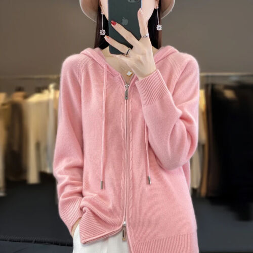 2023  100% Cashmere Sweater Women's Hooded Cardigan Casual Coat