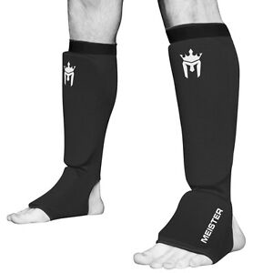 MEISTER ELASTIC CLOTH SHIN & INSTEP GUARDS - BK Muay Thai MMA Taekwondo Leg Pads