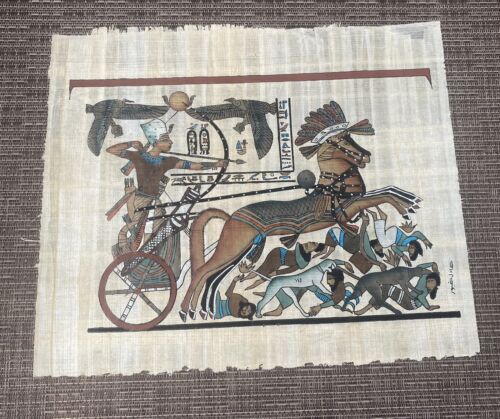 New ListingSigned Hand Painted Ancient Egyptian Papyrus King Tut Chariot Battle Scene