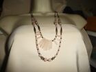 2 STRANDS PINK QUARTZ  BEADS W SILVER TONE BUGLE BEAD CHAIN   NECKLACE #2219A