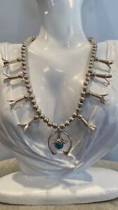 Vintage Native American Sterling Silver Turquoise Squash Blossom Necklace