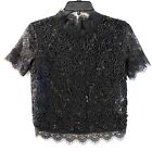 Zara Embroidered Lace Trim Short Sleeve Sheer Black Top Small Glam