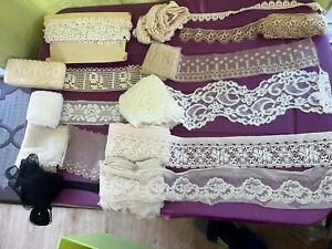 Lot of 10 Antique Vtg Lace Textile Fringe Trim LARGE Mixed Lot Sewing Craft Doll