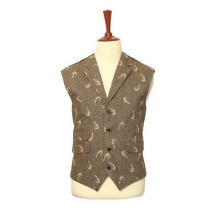 Mens Vest Suit Lapel Brown Fish Animal Print Wool Dress Formal Waistcoat XL 46